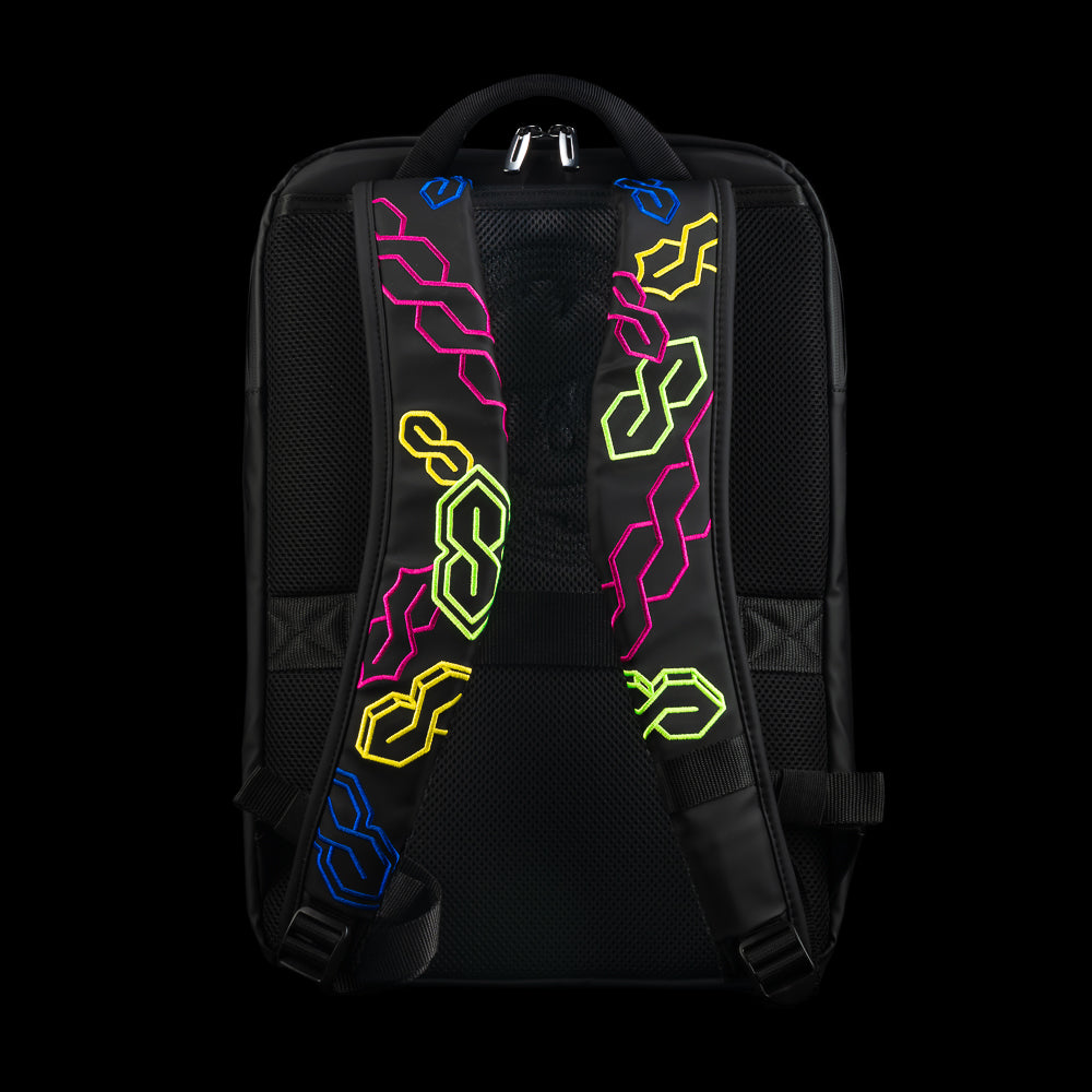 Back view backpack straps with Cool S SWAG Golf neon symbols on it. 