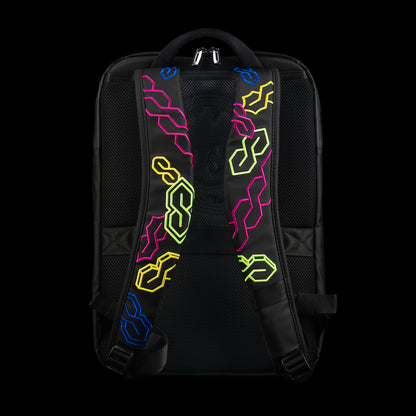 Back view backpack straps with Cool S SWAG Golf neon symbols on it. 