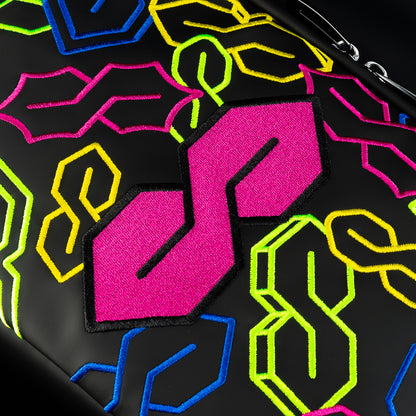 Up close Backpack with Cool S SWAG Golf neon symbols on it. 
