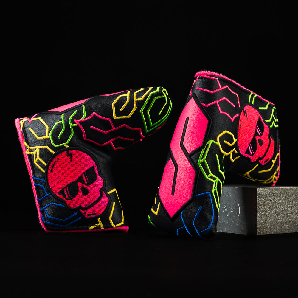 Blade golf headcover with neon skull cool S symbols.