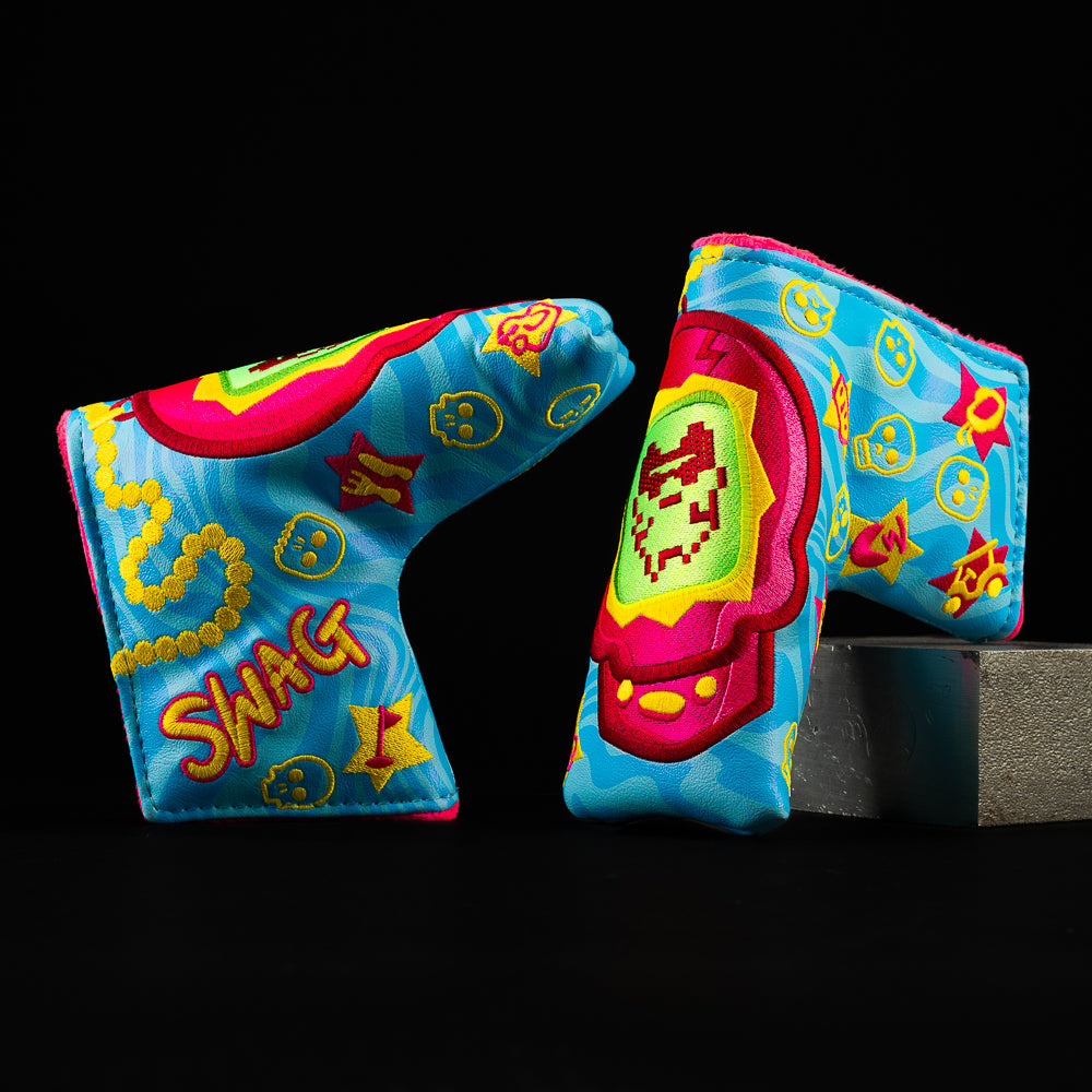 Blade golf headcover with a neon pixel skull. 