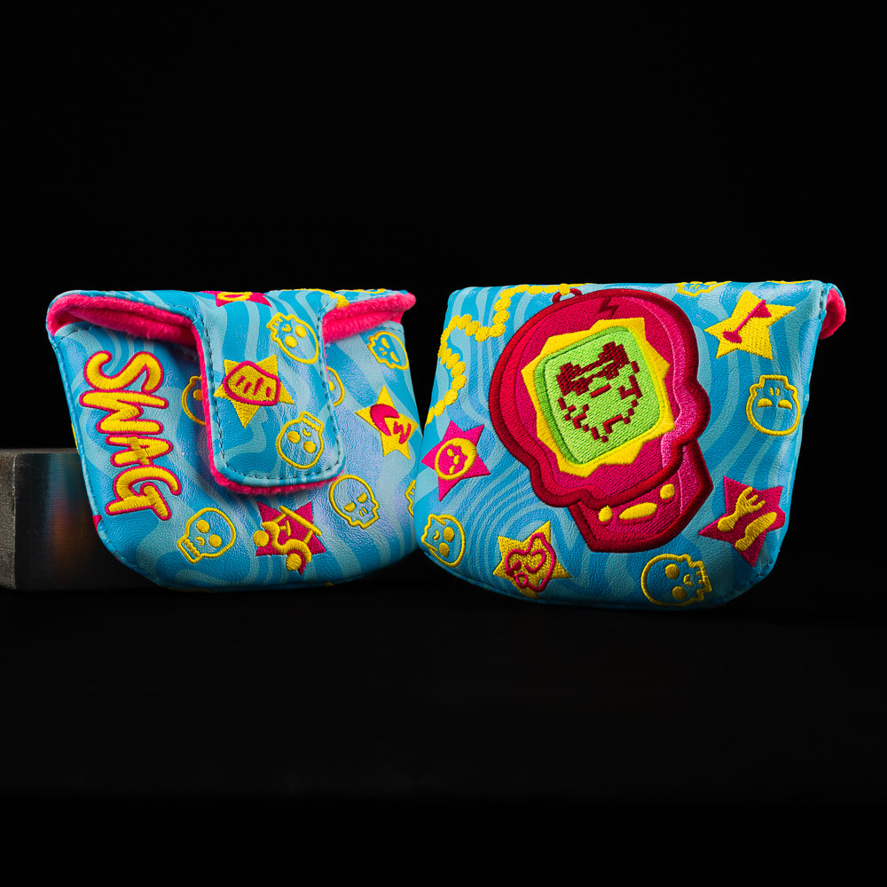 SWAG Golf mallet golf headcover with a neon pixel skull. 