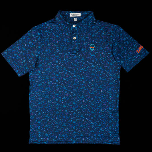Swag x Peter Millar youth blue short sleeve golf polo shirt.