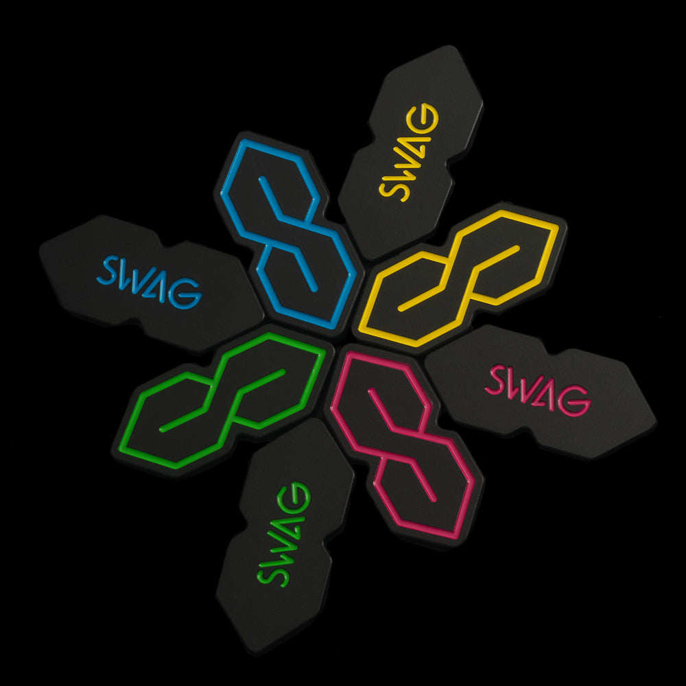 Black steel golf ball marker with SWAG golf Cool S symbol. 