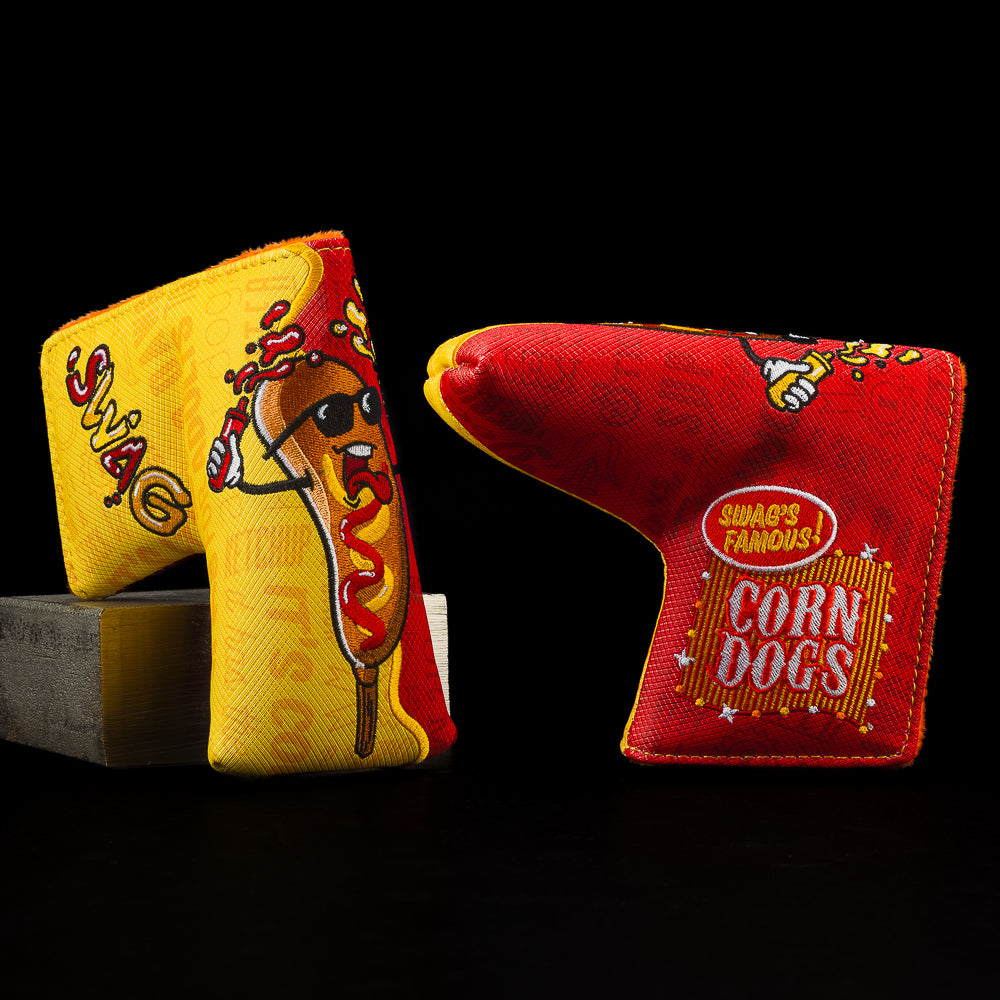 Red and Yellow Corn Dog blade putter golf headcover with a corn dog image. 