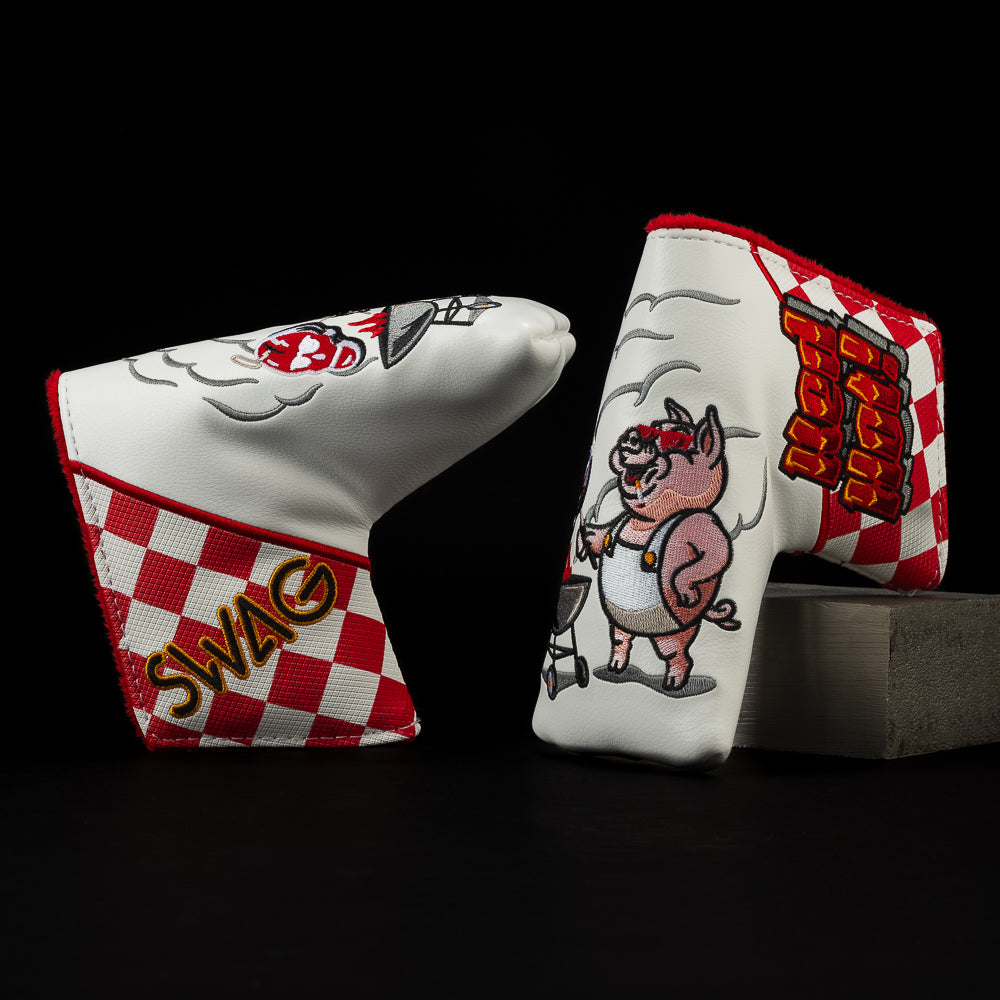 Totally Smoked white and red blade putter golf headcover with a cartoon pig grilling. 