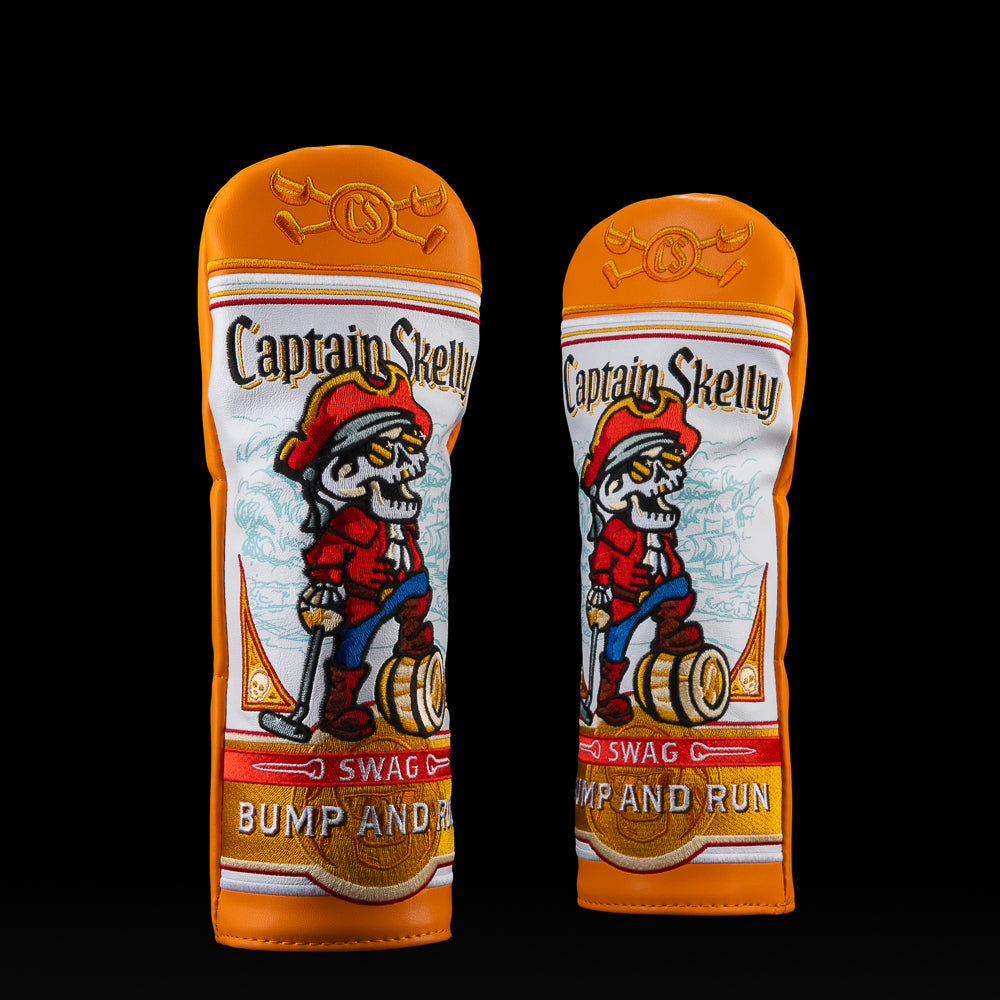Captain Skelly Fairway Headcover featuring pirate skull in red coat with “Bump and Run” design and SWAG logo.