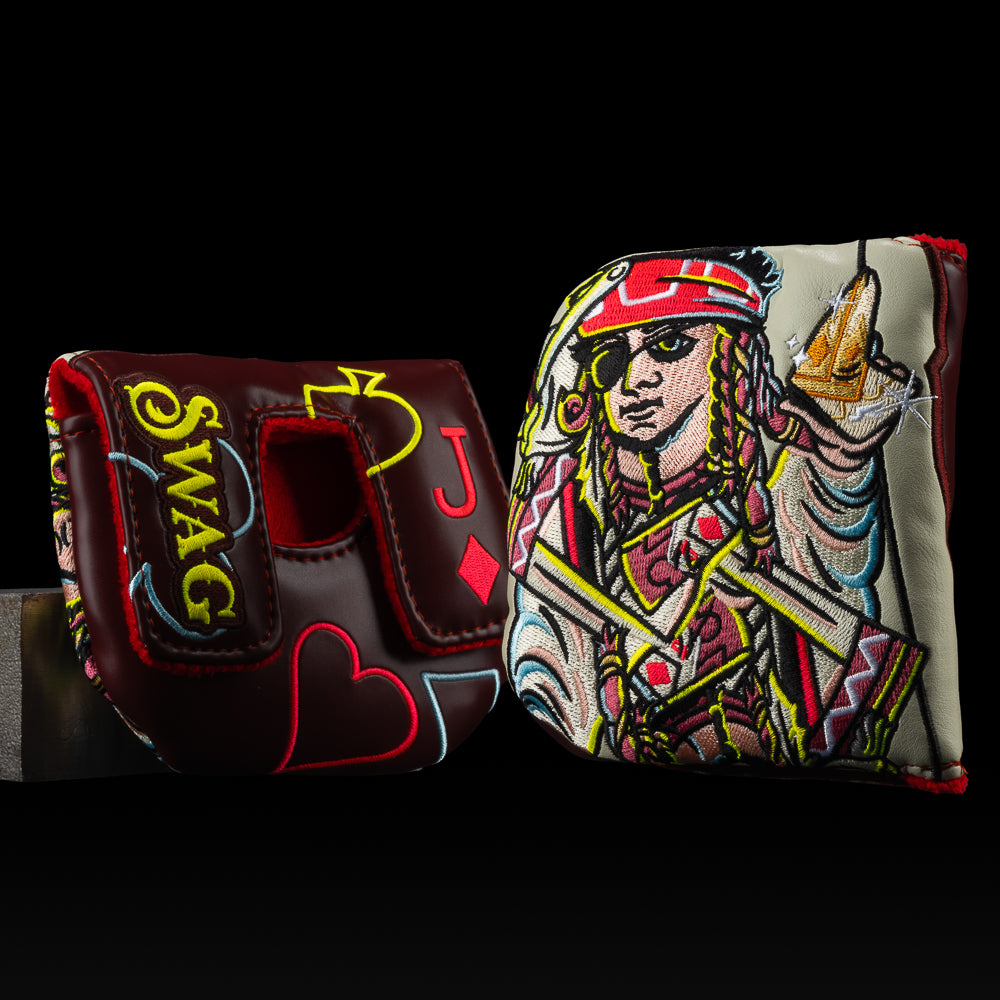 Jack of All Diamonds Small Center Shaft Mallet Headcover featuring colorful card art and SWAG logo.
