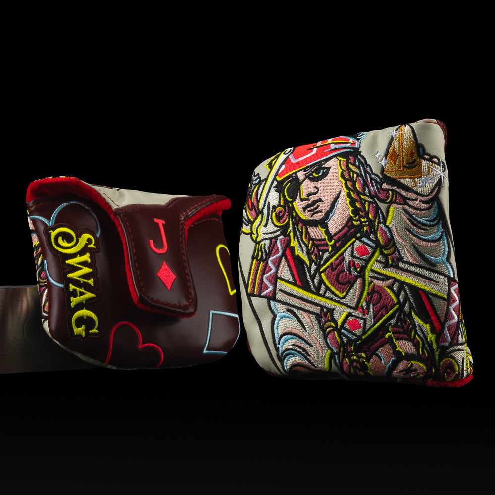 Jack of All Diamonds Mallet Headcover featuring colorful card art and SWAG logo with playing card symbols.