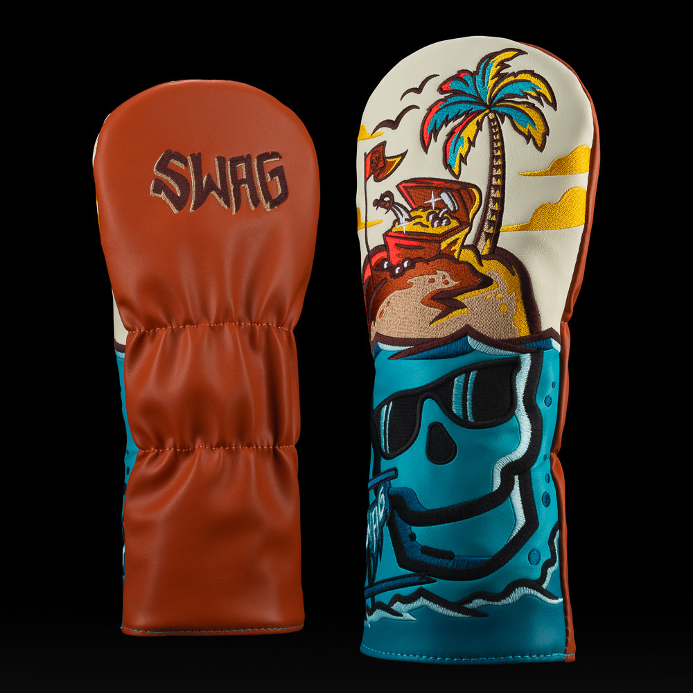 Skull Island Driver Headcover featuring tropical skull design with palm trees, pirate flag, and SWAG logo.