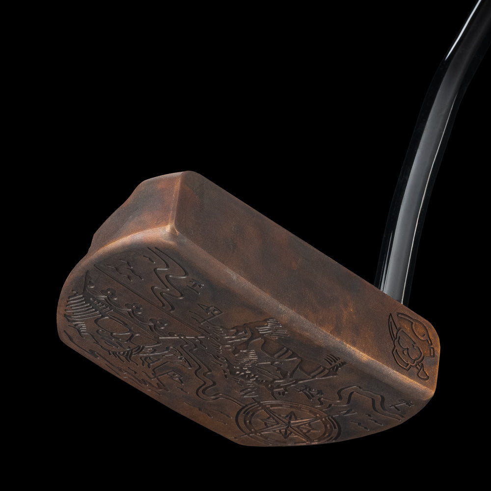 Carbon steel limited edition putter with hidden treasure engravings and a pirate skull matching headcover.