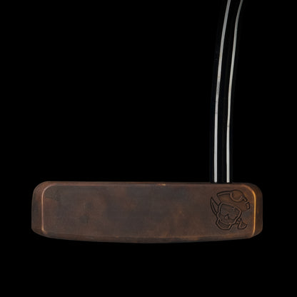 Carbon steel limited edition putter with hidden treasure engravings and a pirate skull matching headcover.