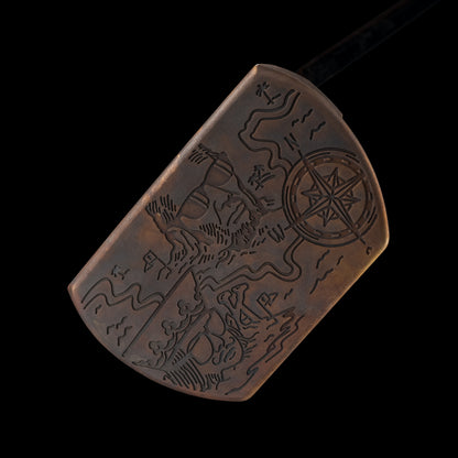 Carbon steel limited edition putter with hidden treasure engravings and a pirate skull matching headcover.