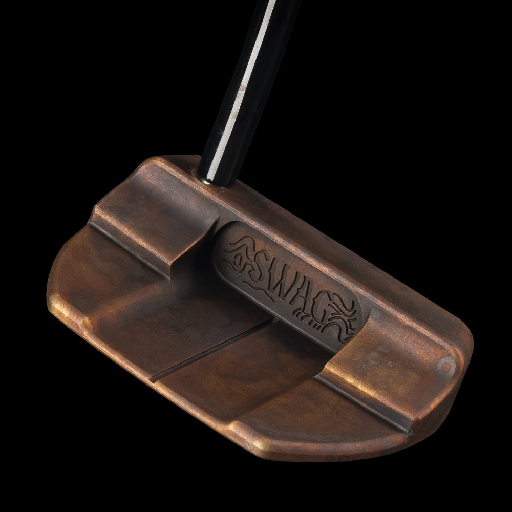 Carbon steel limited edition putter with hidden treasure engravings and a pirate skull matching headcover.