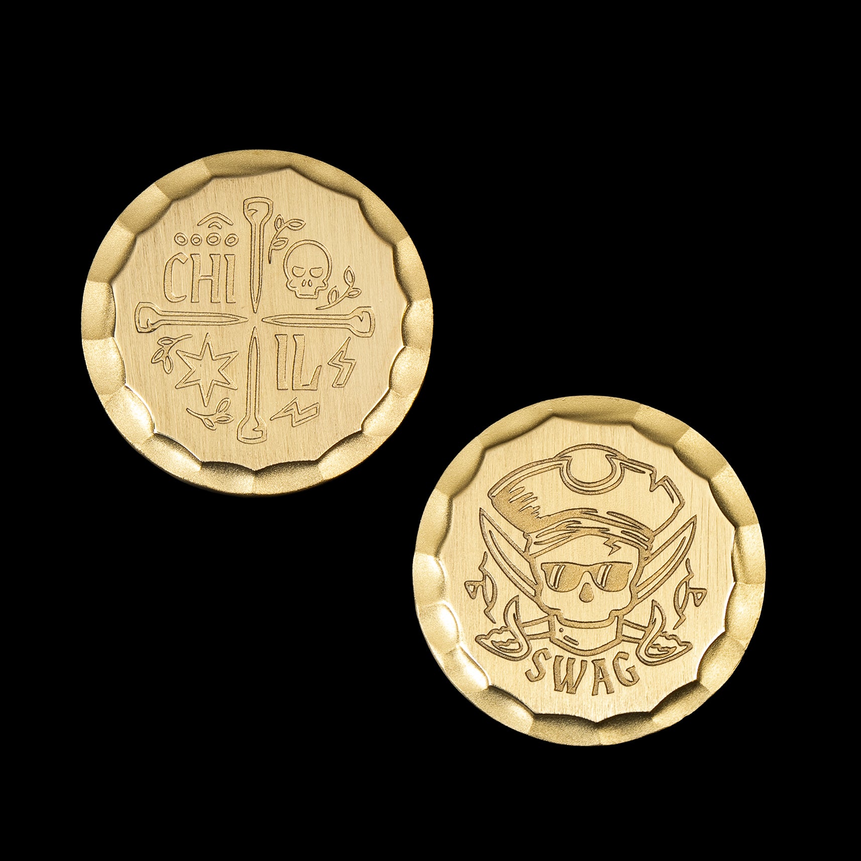 SWAG Loot Brass Ballmarker with engraved skull-and-sabers logo on one side and “CHILL” artwork on the other side.