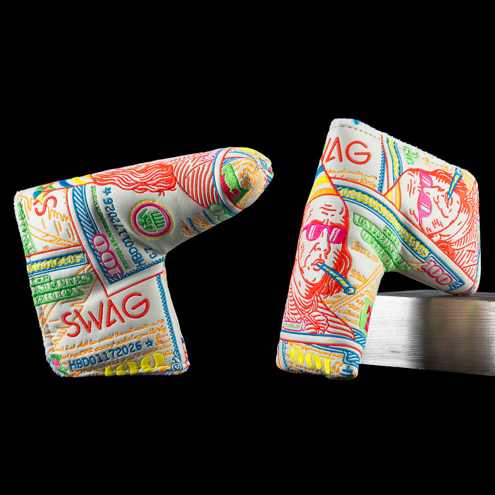 SWAG Golf Happy Birthday $100 Dollar Bill  featuring Ben Franklin with a birthday hat and party horn blade golf headcover.
