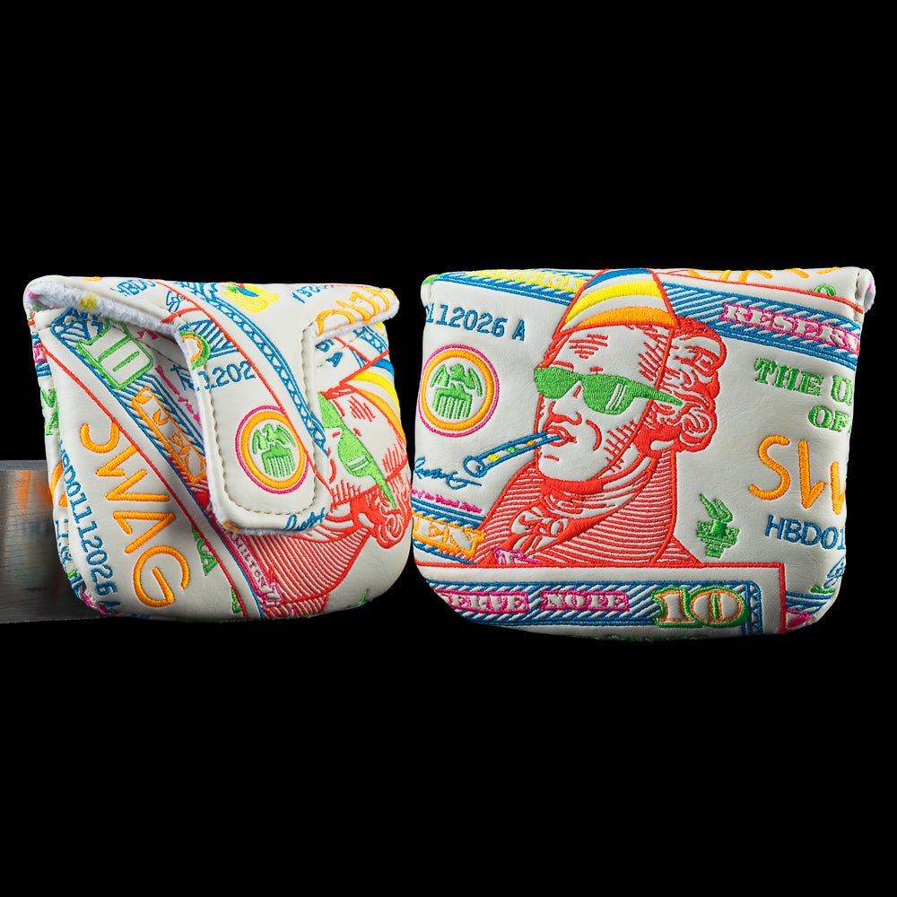 SWAG Golf Hamilton birthday bill currency themed white and multi colored golf mallet headcover made in the USA.