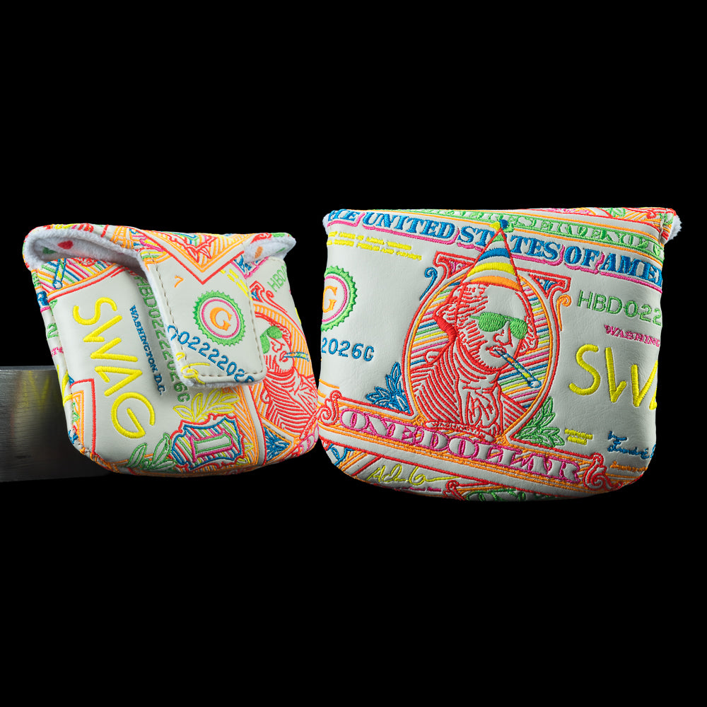 George Washington Birthday dollar bill themed mallet golf headcover with a white base material and multicolored embroidery.