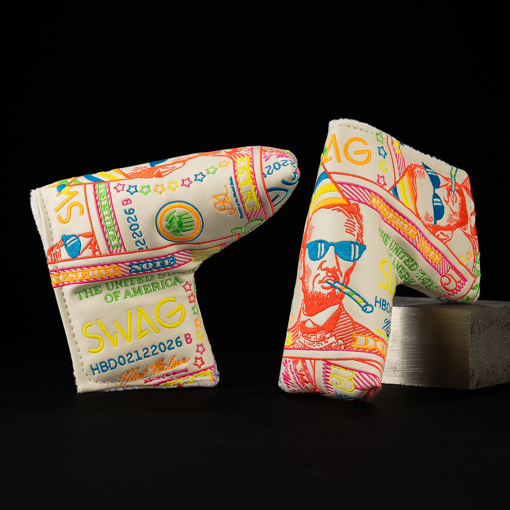 Lincoln birthday themed dollar bill blade golf headcover with multicolored embroidery and confetti printed fur lining. 