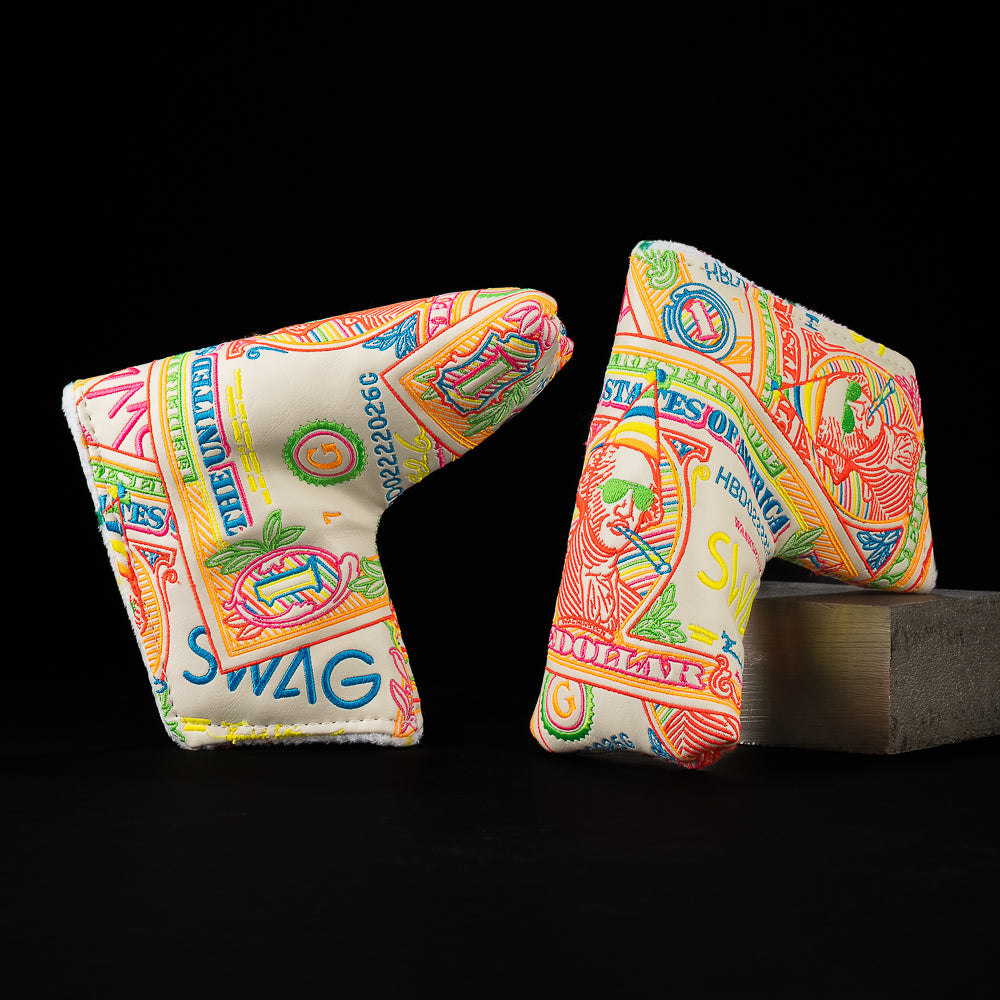 George Washington Birthday dollar bill themed blade golf headcover with white base material and multicolored embroidery.