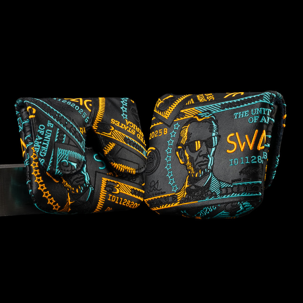 Large center-shaft mallet headcover with all-over SWAG money-print design in teal and orange on black background.