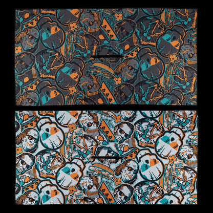 Black and white versions of the BF25 Greatest Hits towel, each covered in SWAG Golf’s signature collage of skull motifs, crowns, and illustrated characters.