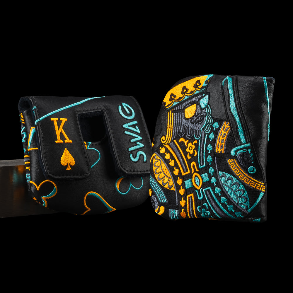 Small center-shaft mallet headcover with teal/orange King artwork, suit symbols, and SWAG branding on a black background.