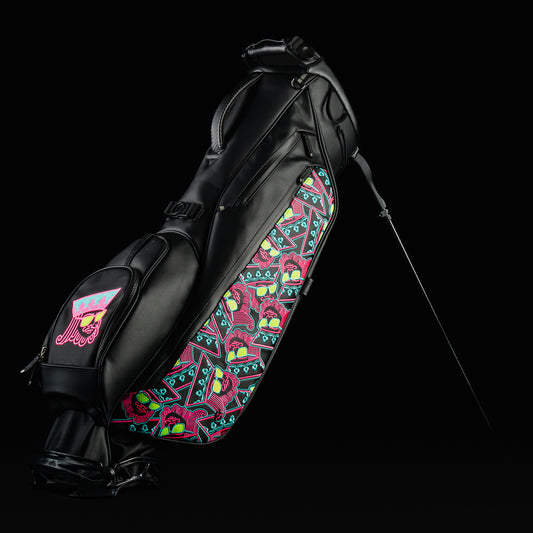 Vessel x Swag black golf stand bag with stacked pink, teal and green kings.