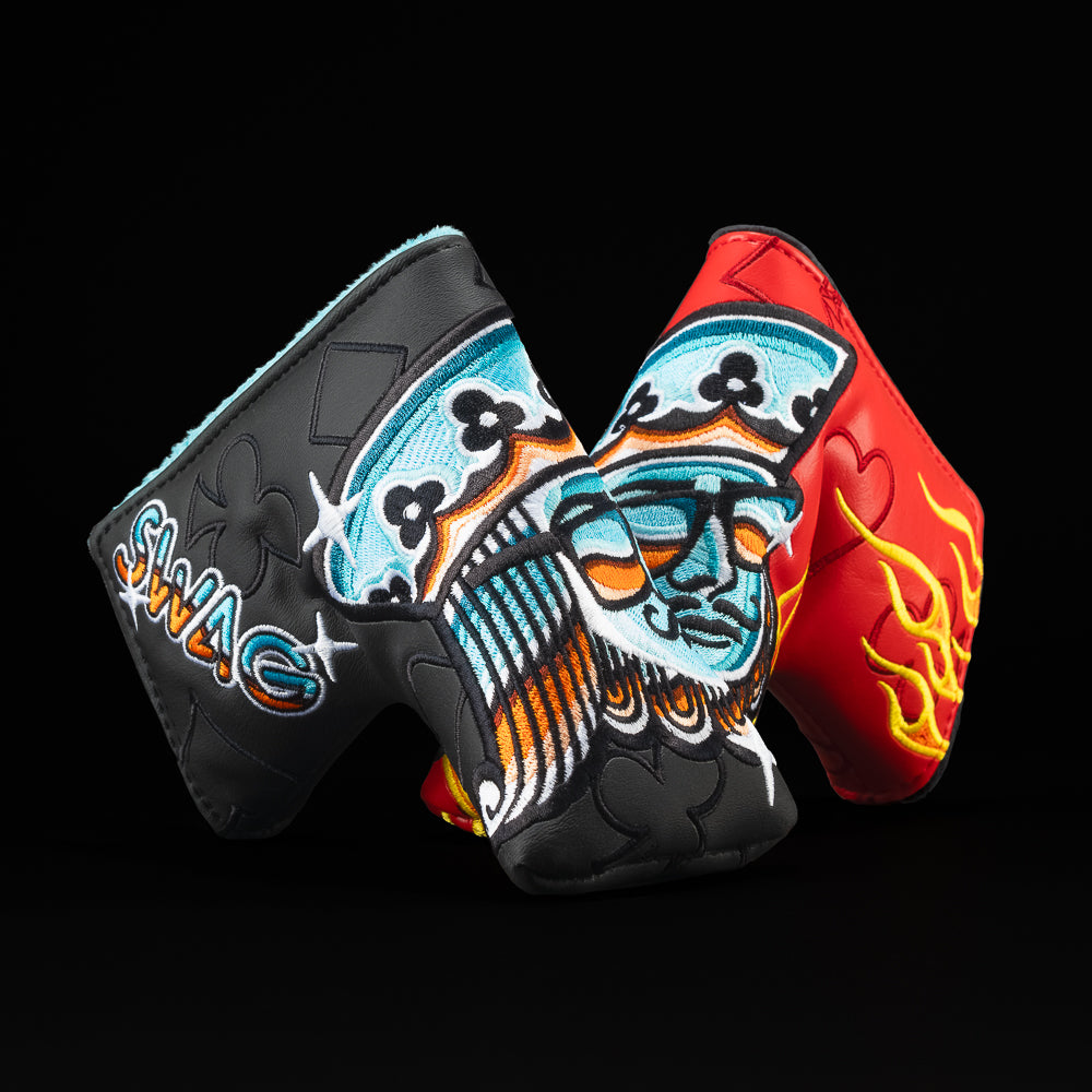 Black and Flame King red and black with blue, orange, and yellow blade golf club headcover.