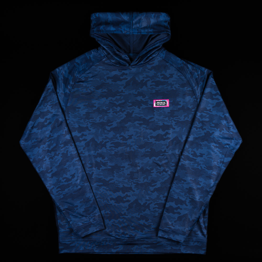 Swag x Peter Millar blue camo print men's long sleeve golf performance hoodie.