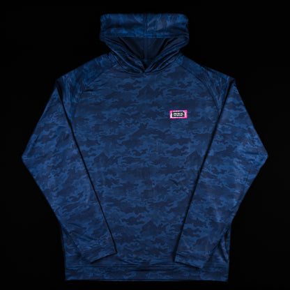 Swag x Peter Millar blue camo print men's long sleeve golf performance hoodie.