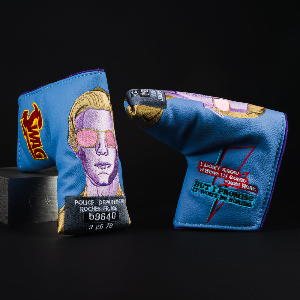 David Bowie mugshot themed blue blade putter golf club head cover made in the USA.