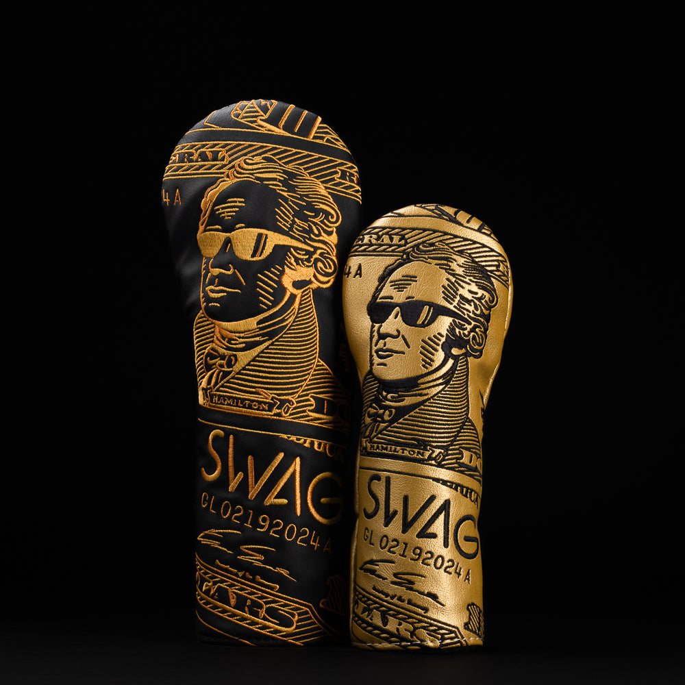 Broadway Hamilton black and gold $10 bill themed golf wood headcover set made in the USA.
