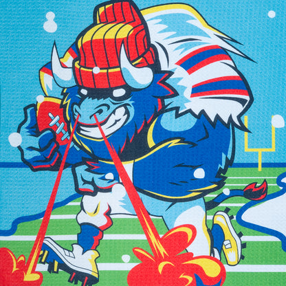 Golf towel with NFL Buffalo Bills cartoon mascot and "Let's Go Buffalo" text on a snow covered football field. 