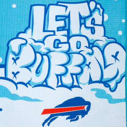 Golf towel with NFL Buffalo Bills cartoon mascot and "Let's Go Buffalo" text on a snow covered football field. 