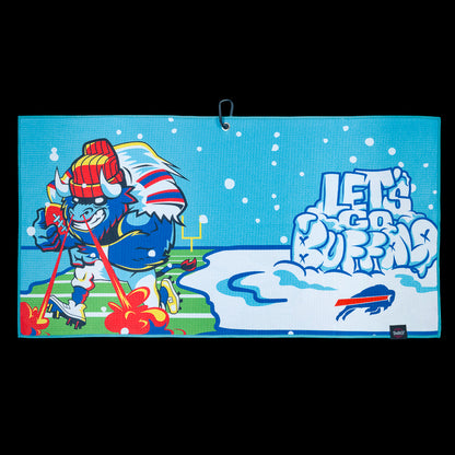Golf towel with NFL Buffalo Bills cartoon mascot and "Let's Go Buffalo" text on a snow covered football field. 