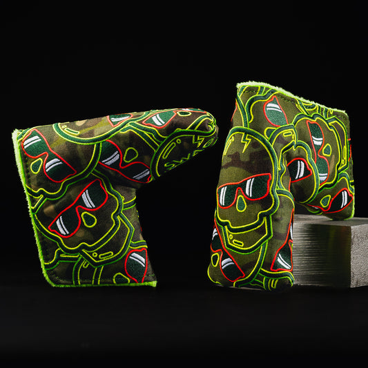Swag stacked skulls camo, green, yellow, and orange blade putter golf headcover made in the USA.