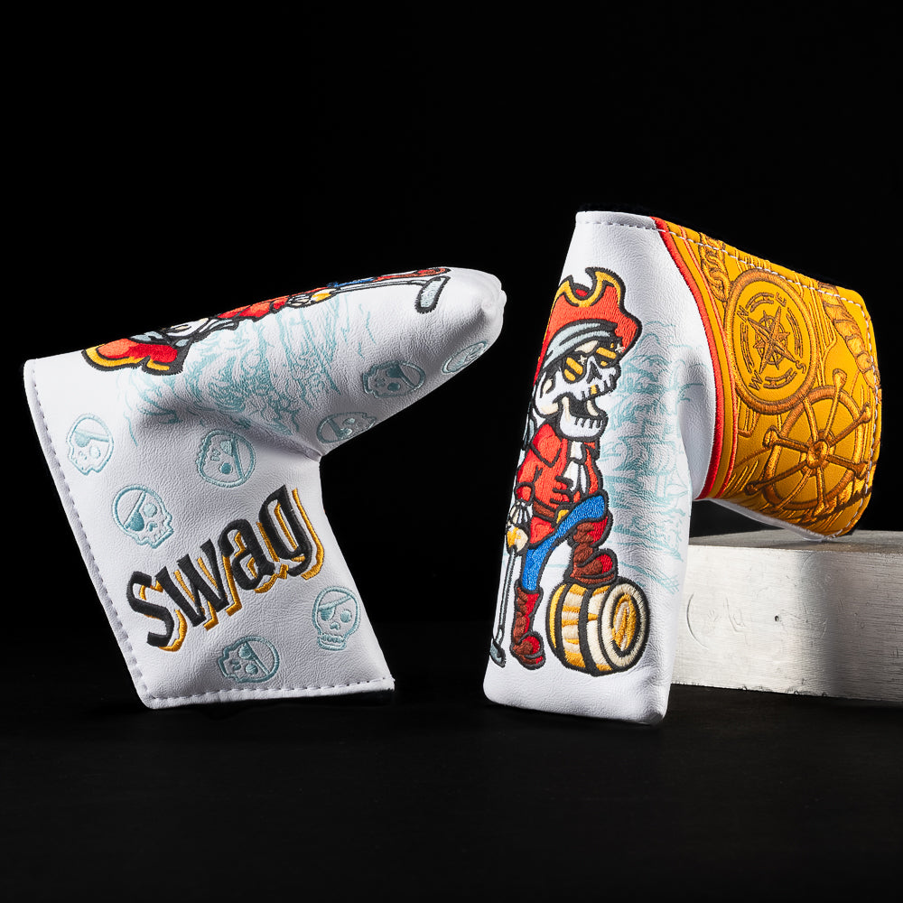 Captain Skelly Blade Headcover featuring pirate skull in red coat with nautical map detail and SWAG logo.