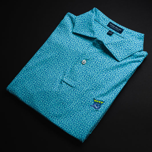 Swag x Peter Millar teal men's short sleeve chess print performance golf polo shirt.