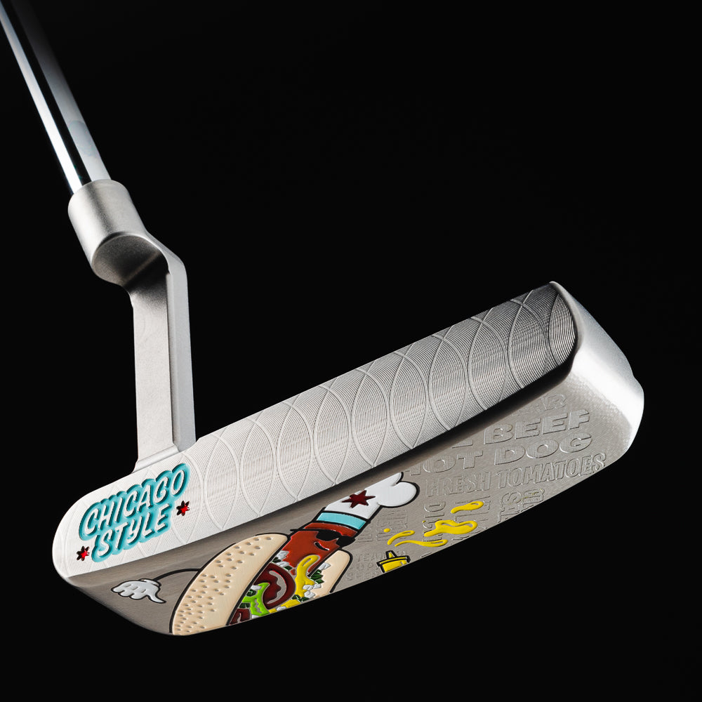 Chicago style hot dog themed Handsome One left-handed stainless steel blade golf putter made in the USA.
