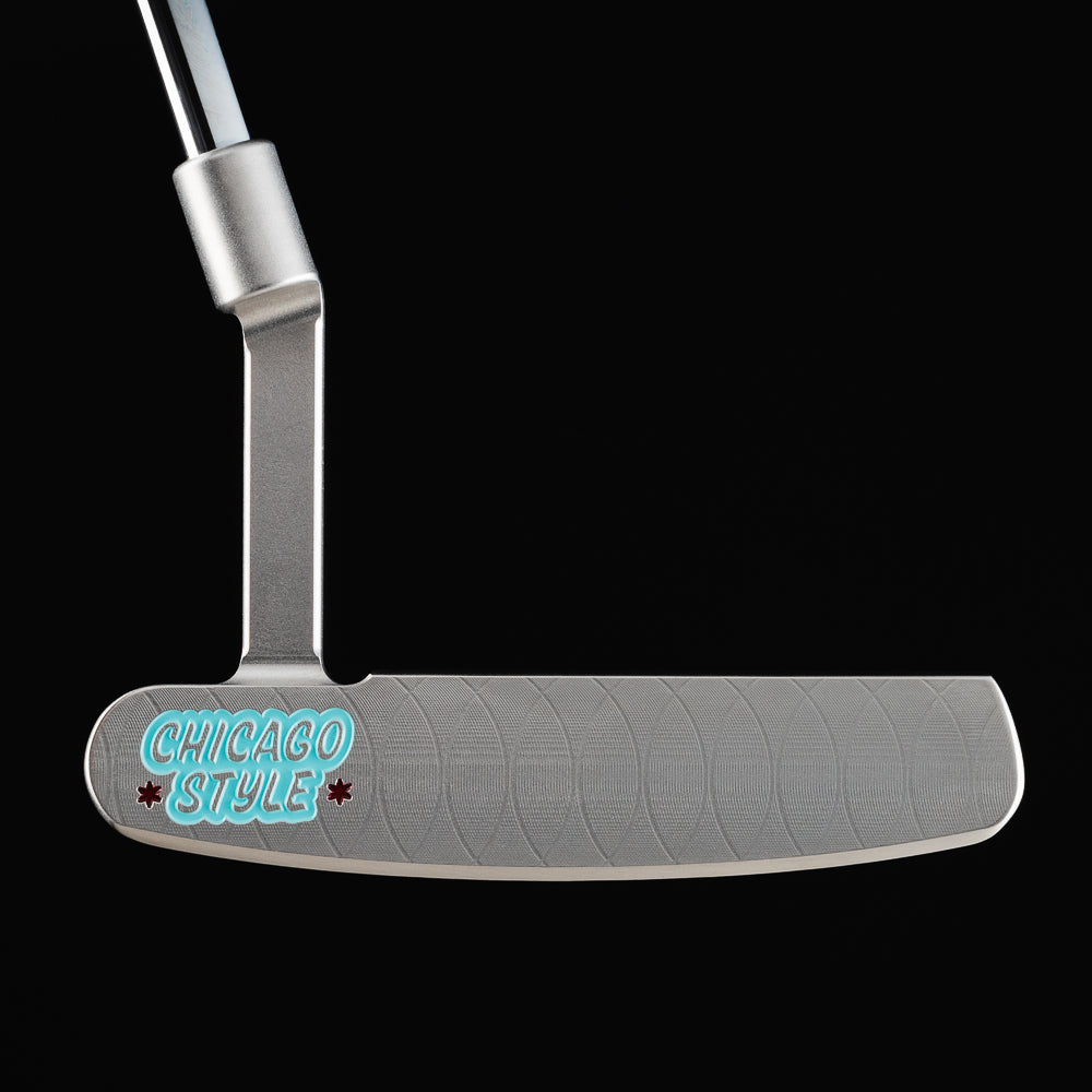 Chicago style hot dog themed Handsome One left-handed stainless steel blade golf putter made in the USA.