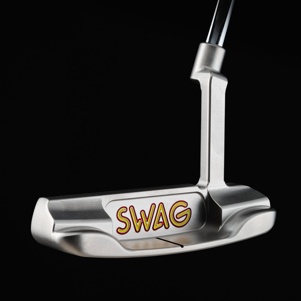 Chicago style hot dog themed Handsome One left-handed stainless steel blade golf putter made in the USA.