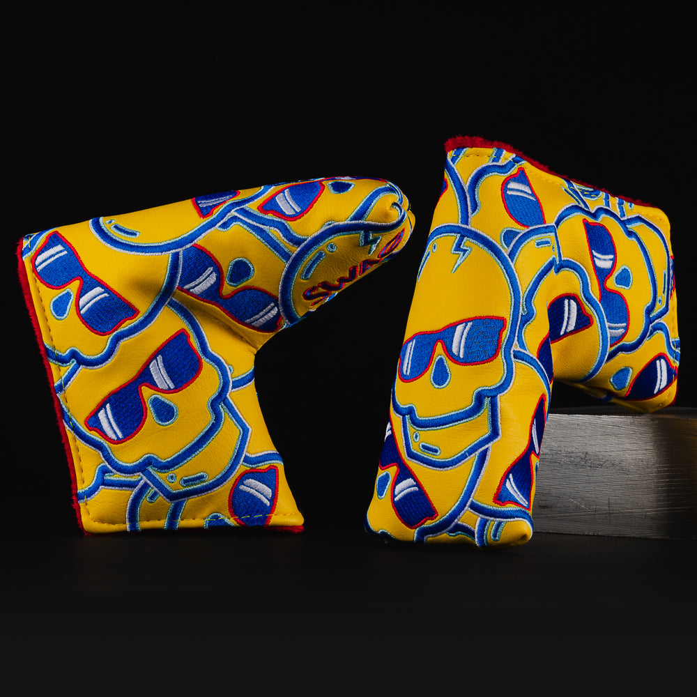Chicago style stacked skulls 2.0 yellow, blue and red blade putter golf head cover made in the USA.