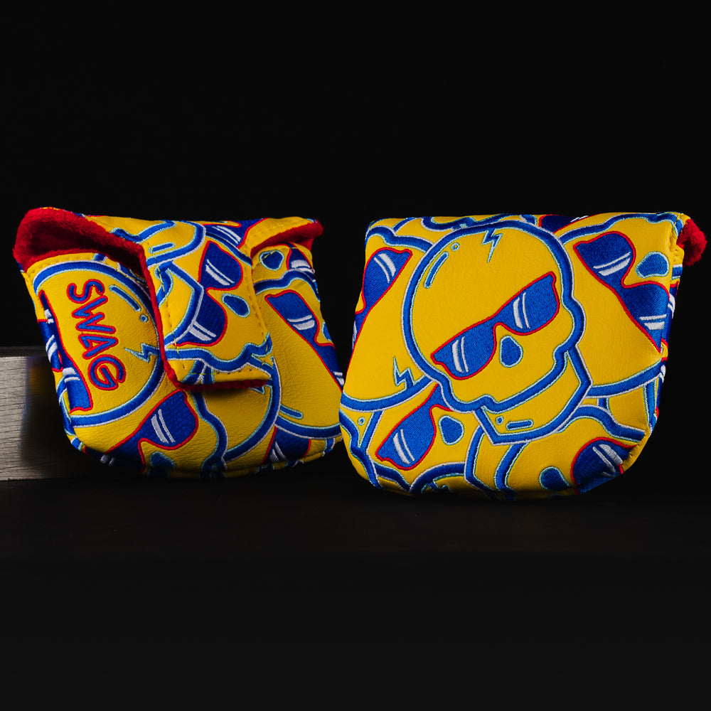 Chicago style stacked skulls 2.0 yellow, blue and red mallet putter golf head cover made in the USA.