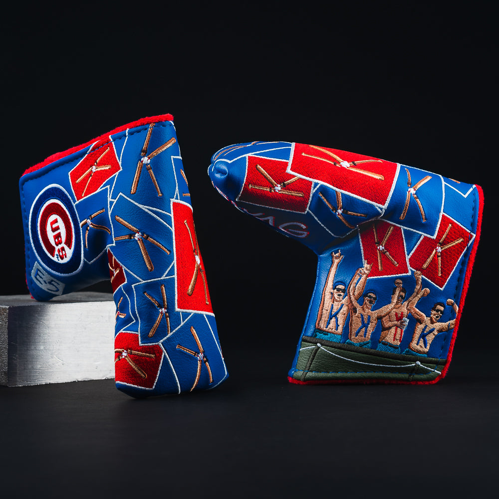 Chicago Cubs 20K Strikeouts Blade Cover in red and blue with crossed bat graphics, Cubs logo, and celebrating fans embroidered on the front.