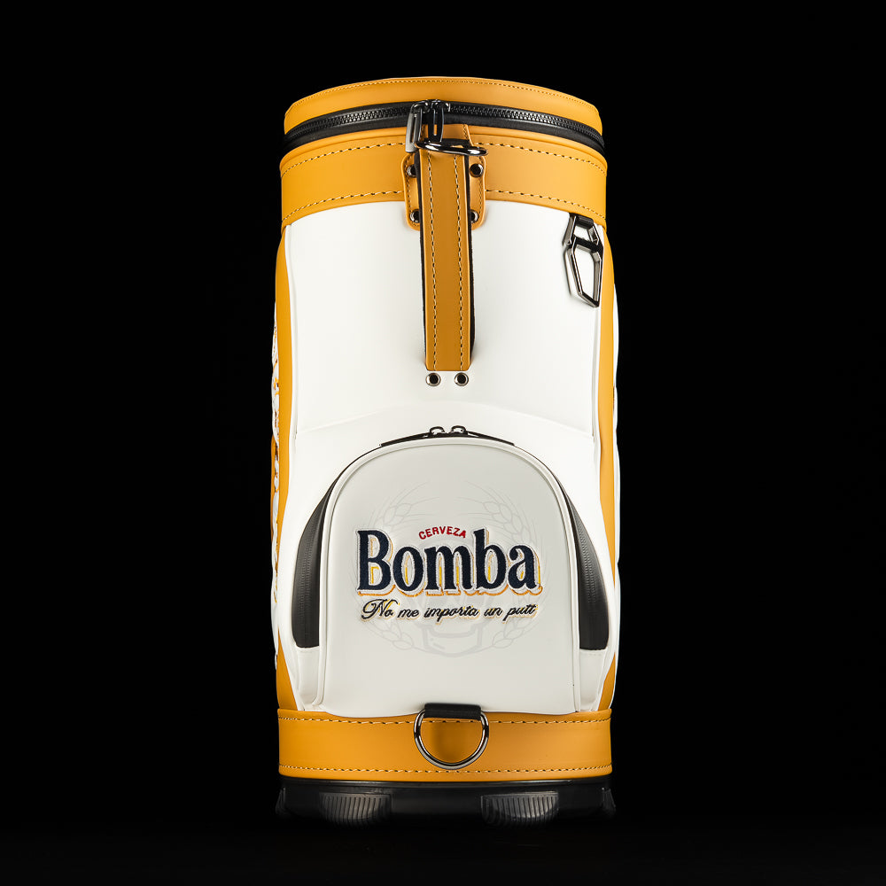 Back view of the Bomba Den Caddy golf bag with large embroidered Bomba cerveza logo and gold leather trim.