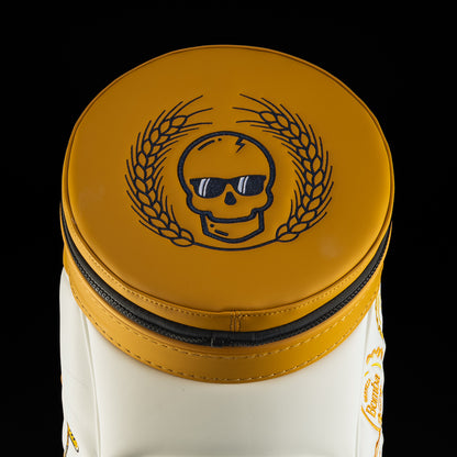 Top view of the Bomba Den Caddy golf lid with embroidered SWAG skull logo wearing sunglasses.