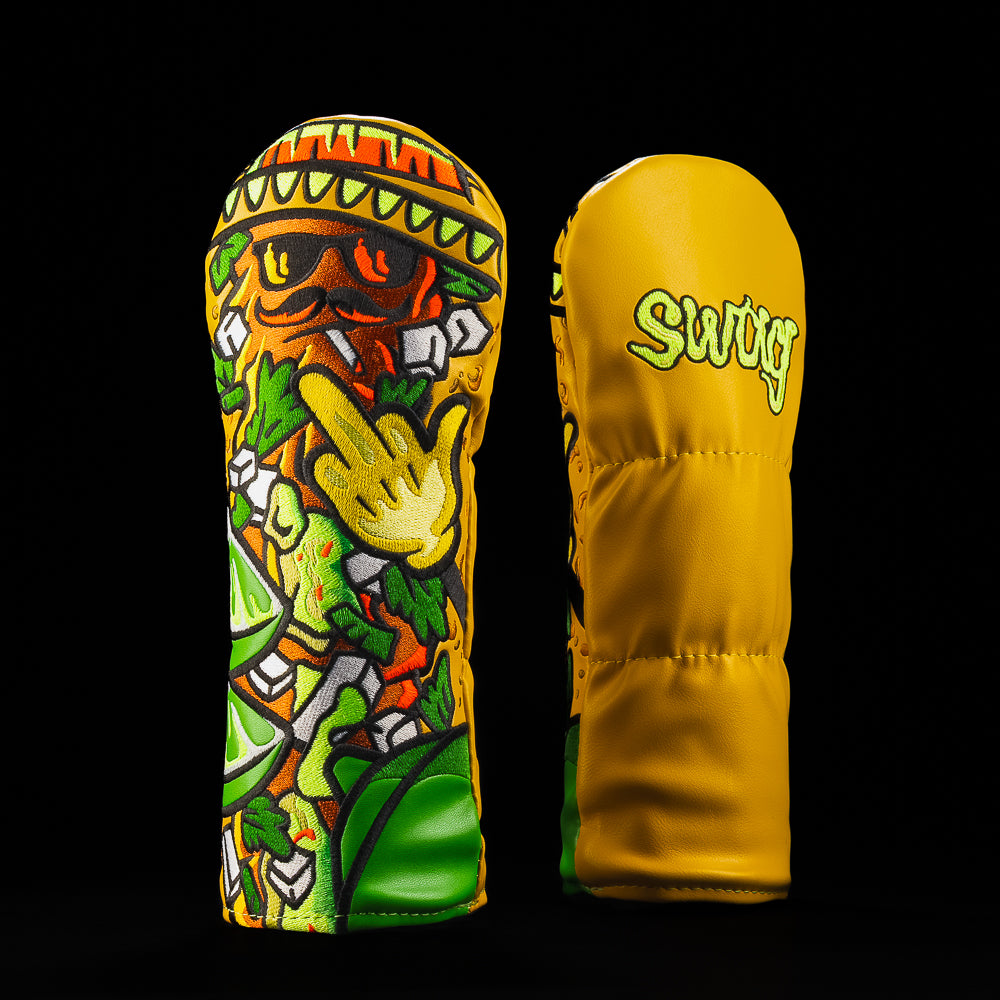 Yellow SWAG Golf fairway headcover featuring a spicy chorizo character wearing a sombrero and sunglasses with lime, chili pepper, and fiesta graphics.