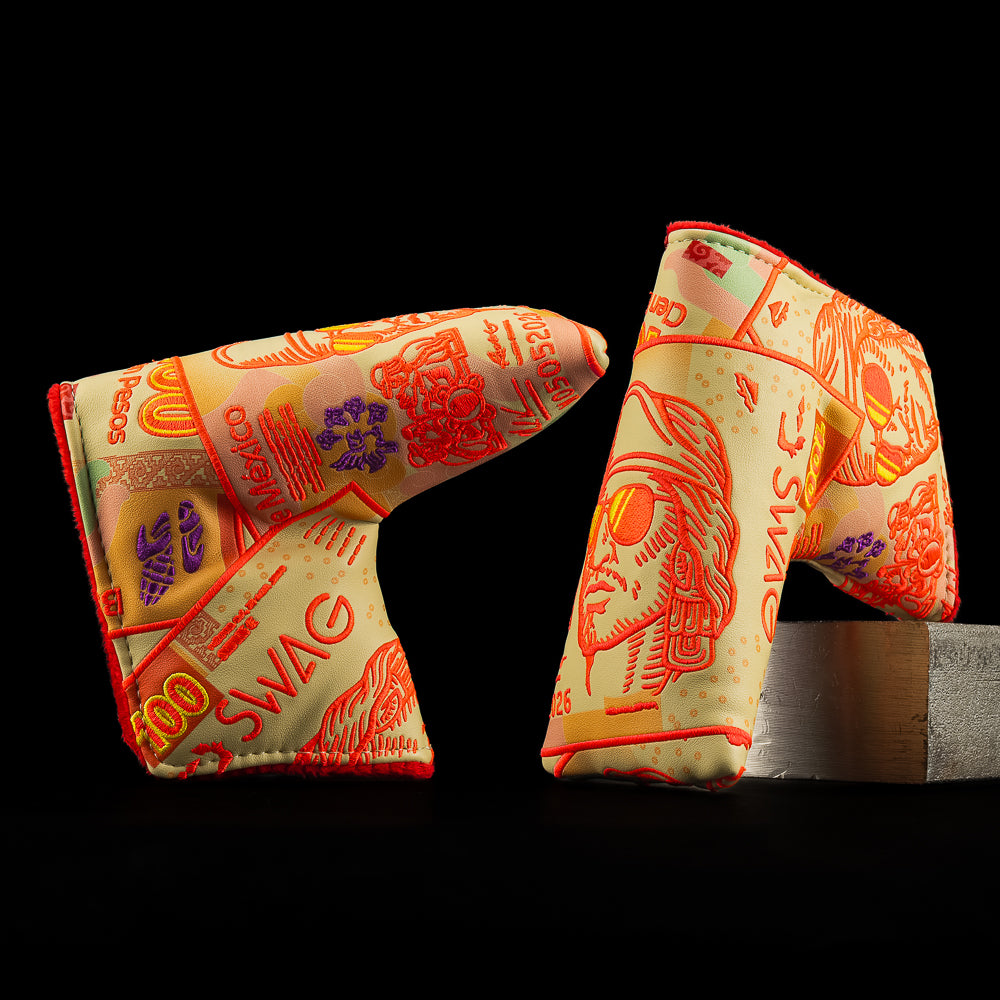 Blade putter cover featuring colorful banknote graphics inspired by Mexican currency with SWAG styling