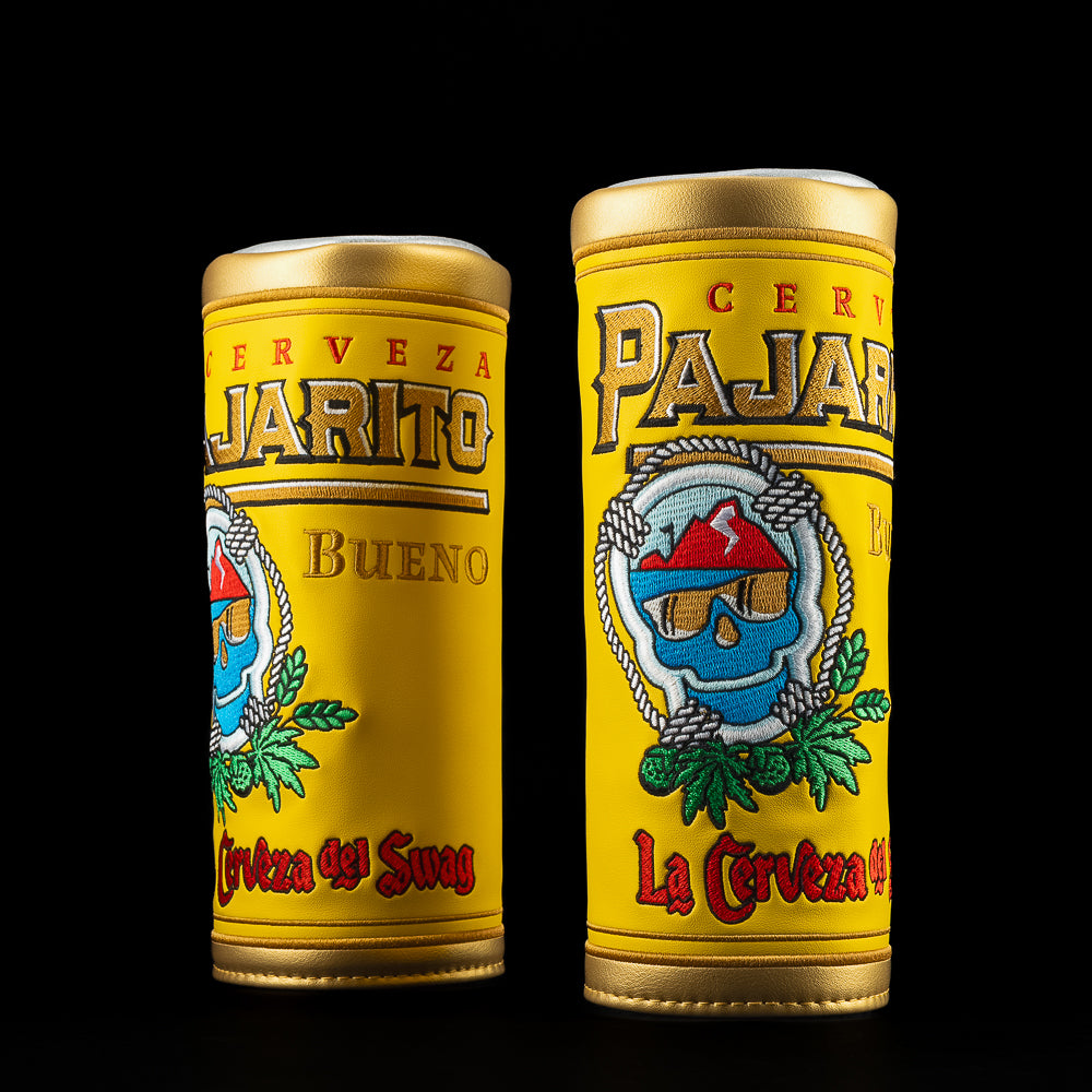 Yellow Pajarito Barrel Fairway Cover designed like a cerveza can with gold top and bottom, embroidered skull logo, hops graphics, and “La Cerveza del Swag” lettering.